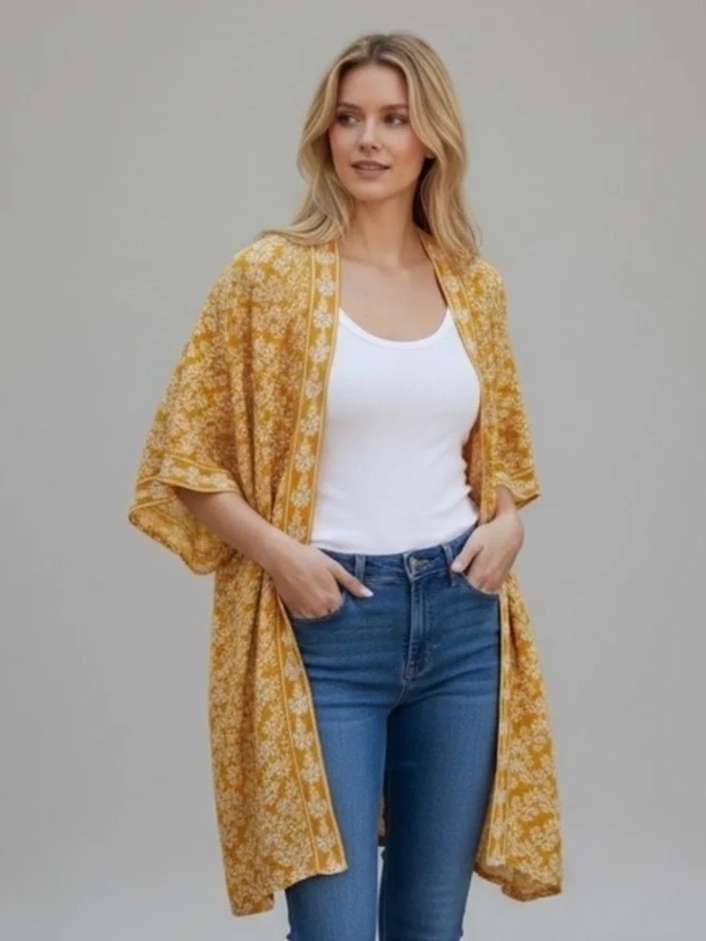 LOFT Plus Mustard Yellow & White Floral Open-Front Cardigan Kimono 20/22